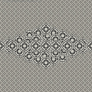 Intricate lace-like design with overlapping circular motifs and floral elements on a textured diamond grid background. BLACK/IVORY