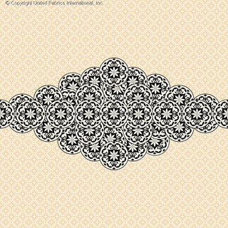 Intricate lace-like design with overlapping circular motifs and floral elements on a textured diamond grid background. BLACK/BLUSH