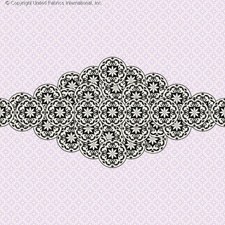 Intricate lace-like design with overlapping circular motifs and floral elements on a textured diamond grid background. BLACK/LILAC
