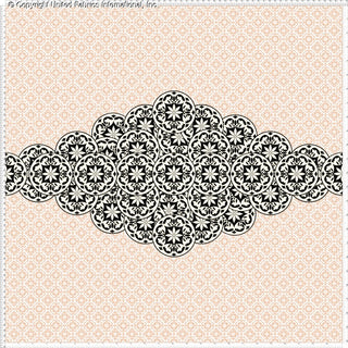 Intricate lace-like design with overlapping circular motifs and floral elements on a textured diamond grid background.
