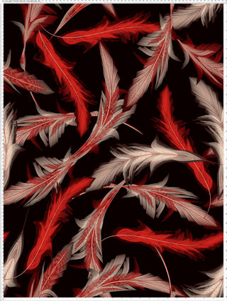 A pattern of overlapping feathers with a black background, creating a textured and dynamic design. BLACK/RED/WHITE