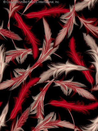 A pattern of overlapping feathers with a black background, creating a textured and dynamic design. BLACK/RED/WHITE