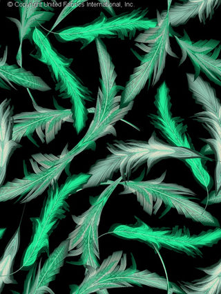 A pattern of overlapping feathers with a black background, creating a textured and dynamic design. BLACK/PEACOCK/WHITE