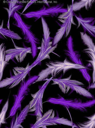A pattern of overlapping feathers with a black background, creating a textured and dynamic design. BLACK/PURPLE/WHITE