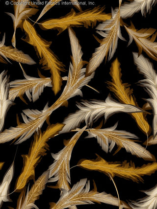 A pattern of overlapping feathers with a black background, creating a textured and dynamic design. BLACK/YELLOW/WHITE