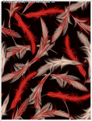 A pattern of overlapping feathers with a black background, creating a textured and dynamic design.