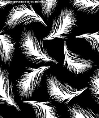 A pattern of scattered, wispy feathers on a solid background, with feathers varying in size and orientation. B/WHITE