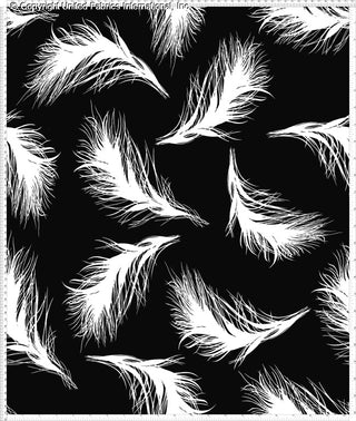A pattern of scattered, wispy feathers on a solid background, with feathers varying in size and orientation.