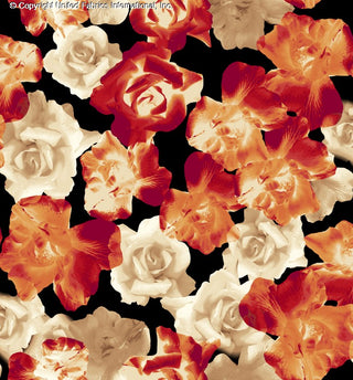 A floral pattern featuring large roses and orchids on a textured background. RED/ORANGE/TAUPE