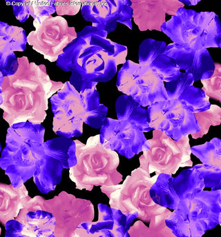 A floral pattern featuring large roses and orchids on a textured background. PURPLE/ROSE/PINK