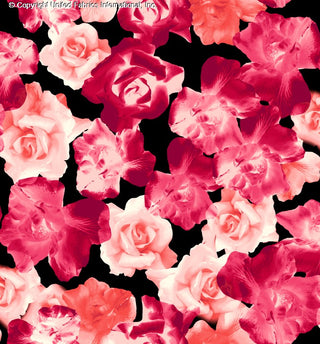 A floral pattern featuring large roses and orchids on a textured background. RED/PINK/BLUSH