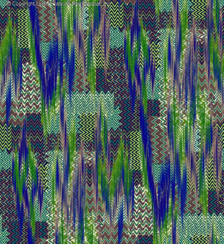 A vibrant, abstract pattern with vertical zigzag stripes and geometric shapes, creating a dynamic, textured effect. ROYAL/GREEN/TAUPE