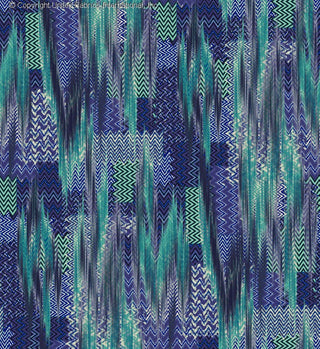 A vibrant, abstract pattern with vertical zigzag stripes and geometric shapes, creating a dynamic, textured effect. DENIM/TEAL/GREY