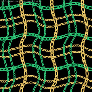 A woven chain-link pattern with interlocking loops, creating a grid-like design with a slightly wavy texture. BLACK/JADE/GOLD