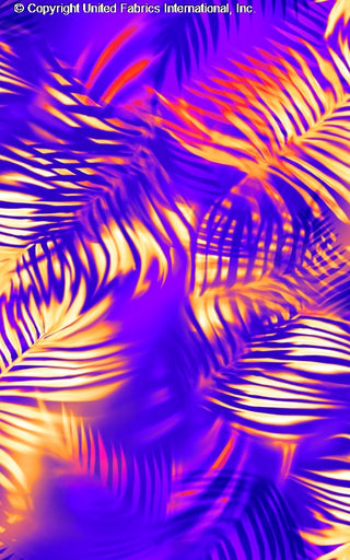 A tropical leaf pattern with overlapping palm fronds, creating a layered, textured design. VIOLET/RED/ORANGE