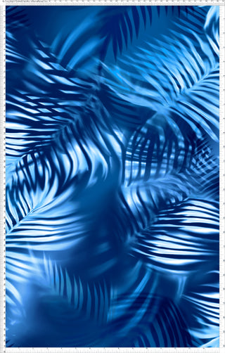 A tropical leaf pattern with overlapping palm fronds, creating a layered, textured design. ROYAL/BLUE/SKY