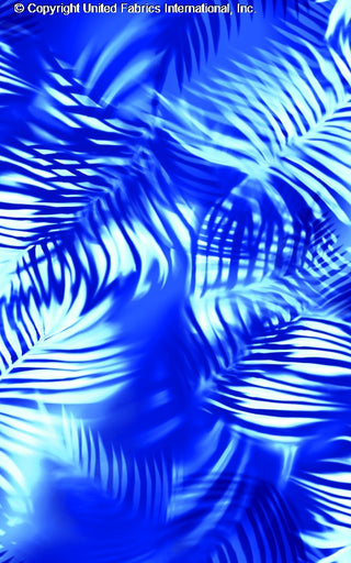 A tropical leaf pattern with overlapping palm fronds, creating a layered, textured design. ROYAL/BLUE/SKY