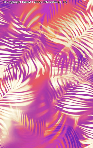 A tropical leaf pattern with overlapping palm fronds, creating a layered, textured design. ROSE/ORANGE/TAUPE