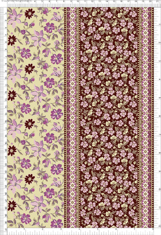 A floral fabric pattern with large flowers on one side, smaller flowers in the middle, and vertical borders on the edges. BROWN/PINK/IVORY