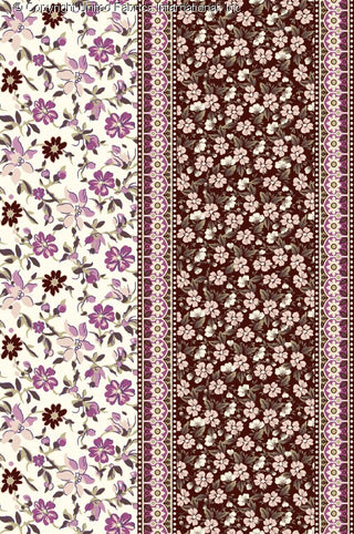A floral fabric pattern with large flowers on one side, smaller flowers in the middle, and vertical borders on the edges. BROWN/PINK/IVORY
