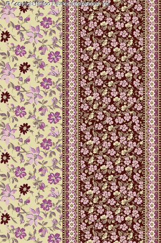A floral fabric pattern with large flowers on one side, smaller flowers in the middle, and vertical borders on the edges. BROWN/TAN/PINK