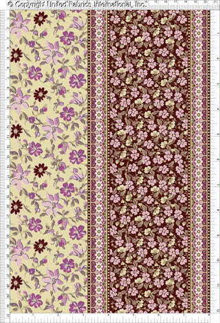 A floral fabric pattern with large flowers on one side, smaller flowers in the middle, and vertical borders on the edges.
