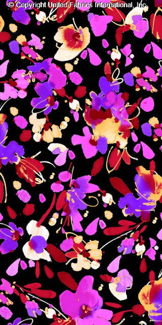 Challis Rayon Printed Inkling with large floral peonies pattern, woven fabric RED/FUSHIA/YELLOW