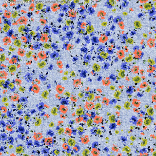 Patterned Challis Rayon with small floral daisy print, ideal for dress fabric INDIGO/CORAL/LIME