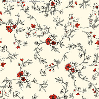 Woven fabric with dahlias and chrysanthemum floral print, soft challis texture for sewing CREAM/RED/GREY