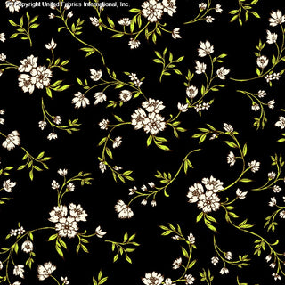 Woven fabric with dahlias and chrysanthemum floral print, soft challis texture for sewing BLACK/CREAM/CITRON