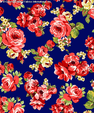 Challis Rayon Printed Asra with rose and daisy floral pattern, woven fabric for sewing NAVY/RED/YELLOW