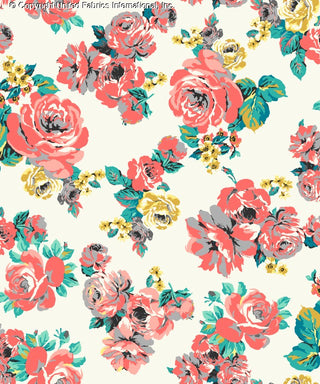 Challis Rayon Printed Asra with rose and daisy floral pattern, woven fabric for sewing IVORY/CORAL/BLUE