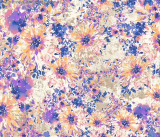Challis Rayon Printed Astoria with daisy floral pattern, woven fabric for sewing BLUE/ORCHID/PEACH