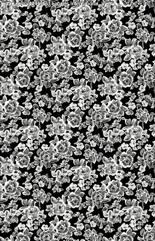 Rose pattern on Challis Rayon Printed Aline, Woven Fabric for dressmaking and crafts BLACK/GREY/IVORY