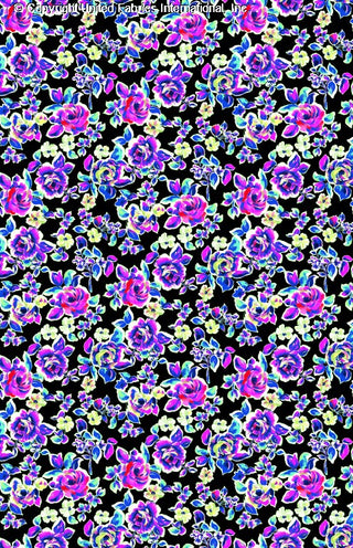 Rose pattern on Challis Rayon Printed Aline, Woven Fabric for dressmaking and crafts BLACK/FUSCHIA/TURQ