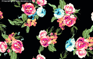 Challis Rayon Printed First Crush with large floral print featuring roses and hydrangeas BLACK/CORAL/BLUE