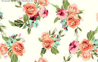 Challis Rayon Printed First Crush with large floral print featuring roses and hydrangeas IVORY/PEACH/MIST