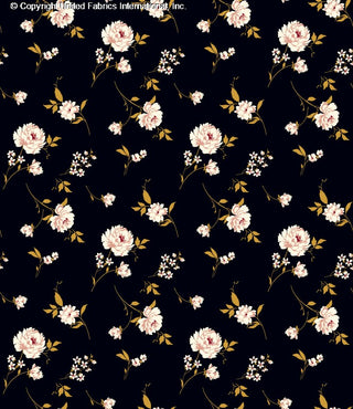 Patterned Challis Rayon Printed Aisha with peonies floral design, Woven Fabric for sewing NAVY/ROSE/GOLD