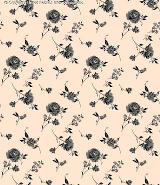 Patterned Challis Rayon Printed Aisha with peonies floral design, Woven Fabric for sewing BLUSH/GREY/NAVY