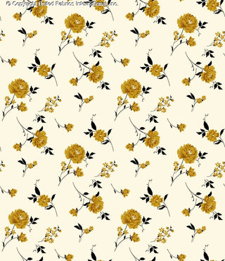 Patterned Challis Rayon Printed Aisha with peonies floral design, Woven Fabric for sewing CREAM/GOLD/BLACK