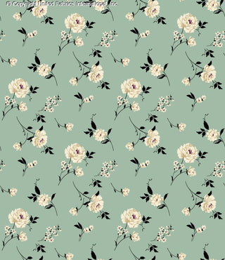 Patterned Challis Rayon Printed Aisha with peonies floral design, Woven Fabric for sewing AQUA/TAUPE/CREAM