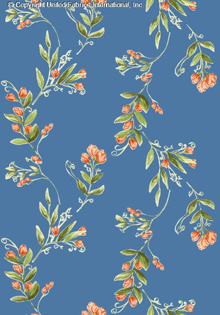 Challis Rayon Printed Emylin with vine and pea flower pattern, woven fabric for apparel BLUE/TANG/GREEN