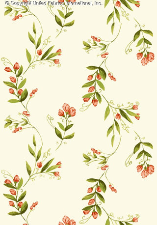 Challis Rayon Printed Emylin with vine and pea flower pattern, woven fabric for apparel CREAM/CORAL/GREEN