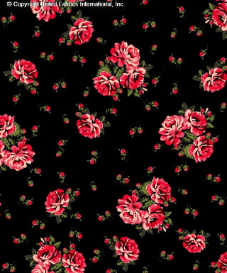 Stretch Techno crepe fabric with rose flower print for apparel and crafts BLACK/CORAL/GREEN