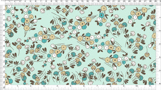 A floral pattern with large, rounded flowers resembling magnolias, connected by thin branches and small leaves with dotted accents.