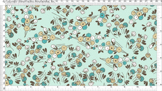 A floral pattern with large, rounded flowers resembling magnolias, connected by thin branches and small leaves with dotted accents.