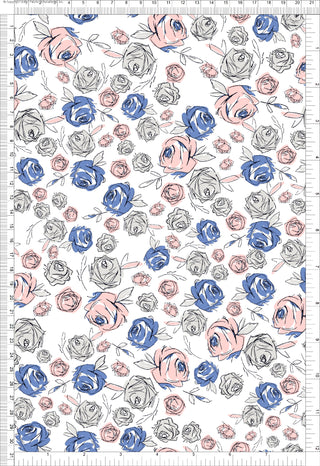 A floral pattern with various sizes of roses and leaves scattered across a white background, creating a delicate, vintage look.