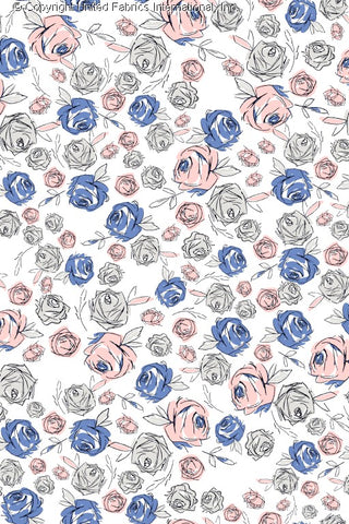 A floral pattern with various sizes of roses and leaves scattered across a white background, creating a delicate, vintage look. PINK/BLUE/GREY