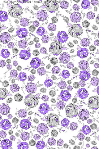 A floral pattern with various sizes of roses and leaves scattered across a white background, creating a delicate, vintage look. PURPLE/GREY/LILAC