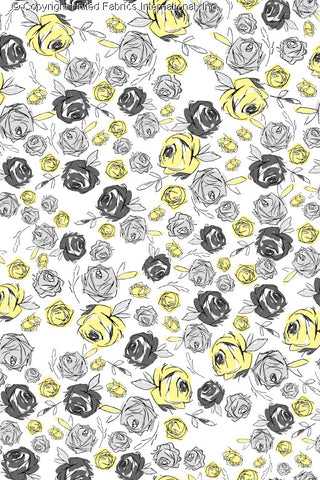 A floral pattern with various sizes of roses and leaves scattered across a white background, creating a delicate, vintage look. GREY/YELLOW/LT GREY